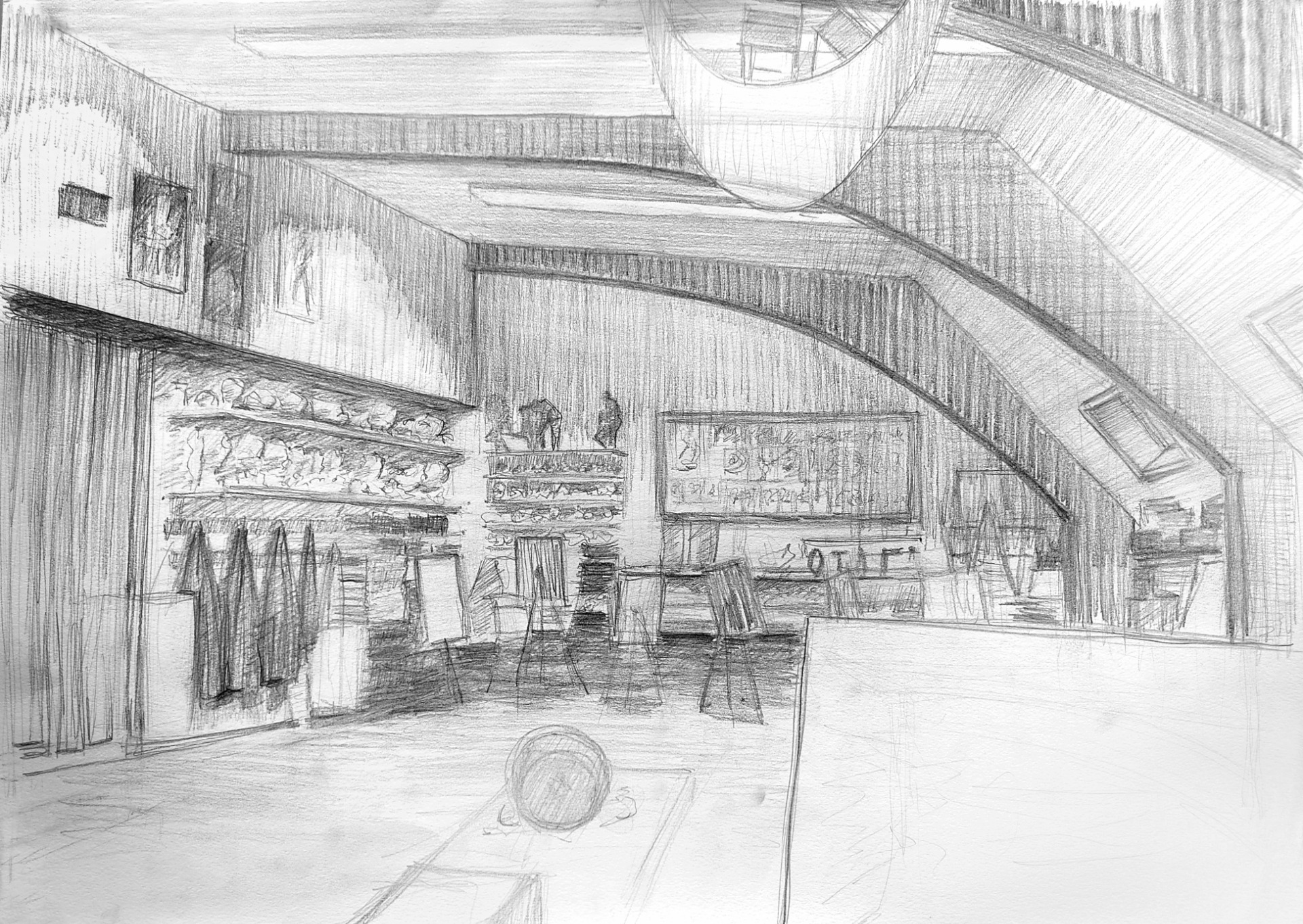 Kresba interiéru ateliéru na Staré radnici  v centru Brna.