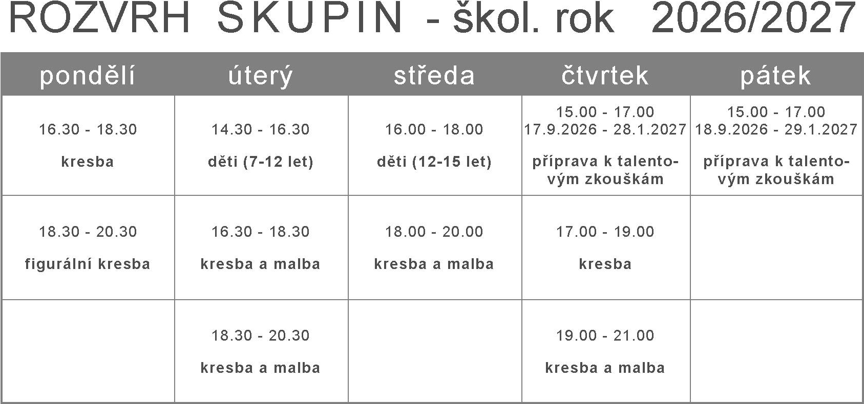 výtvarné kurzy,harmonogram výuky